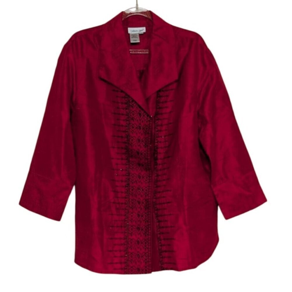 Coldwater Creek Silk Shirt Womens Size Large Red Embroidered Beaded 3/4 Sleeves